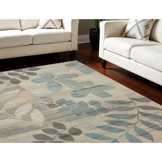 Ivory Gray And Blue Botanical Leaves Area Rug Photo 1