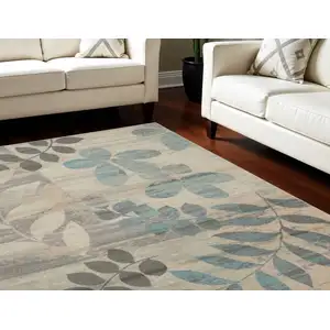 Photo of Ivory Gray And Blue Botanical Leaves Area Rug