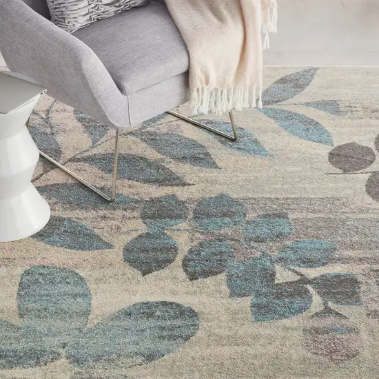 Ivory Gray And Blue Botanical Leaves Area Rug Photo 8