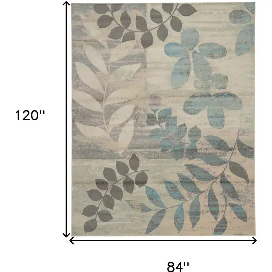 Ivory Gray And Blue Botanical Leaves Area Rug Photo 3