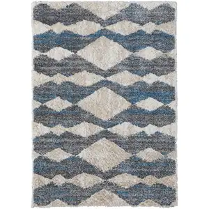 Photo of Ivory Gray And Blue Chevron Power Loom Stain Resistant Area Rug