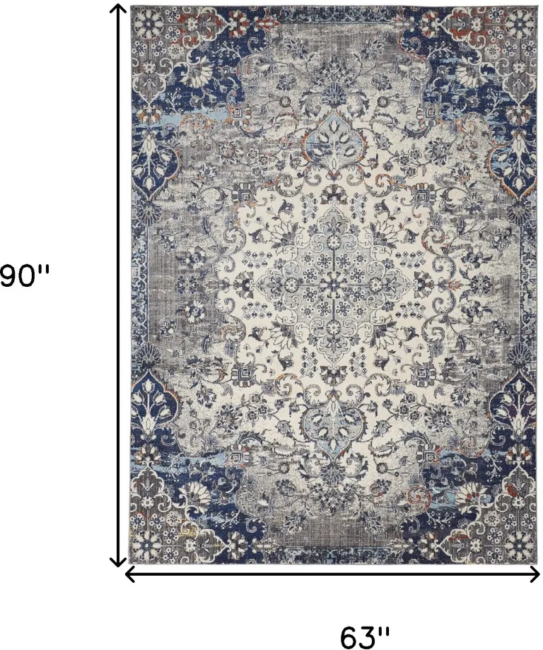 Ivory Gray And Blue Floral Power Loom Distressed Stain Resistant Area Rug Photo 2