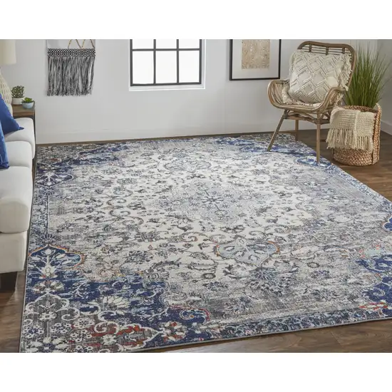 Ivory Gray And Blue Floral Power Loom Distressed Stain Resistant Area Rug Photo 5