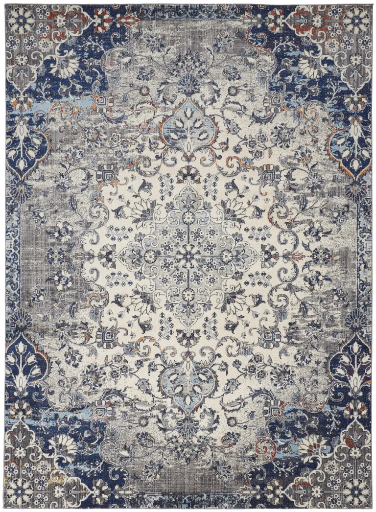 Ivory Gray And Blue Floral Power Loom Distressed Stain Resistant Area Rug Photo 3