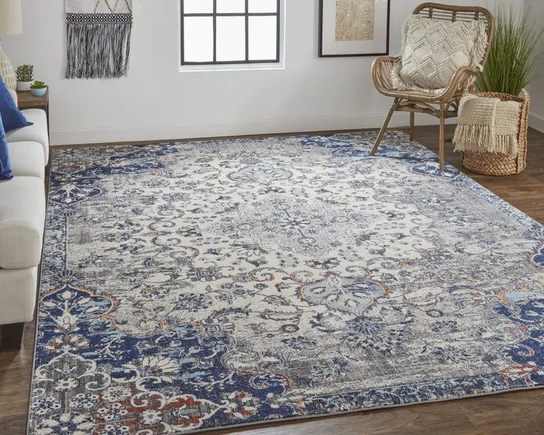 Ivory Gray And Blue Floral Power Loom Distressed Stain Resistant Area Rug Photo 1