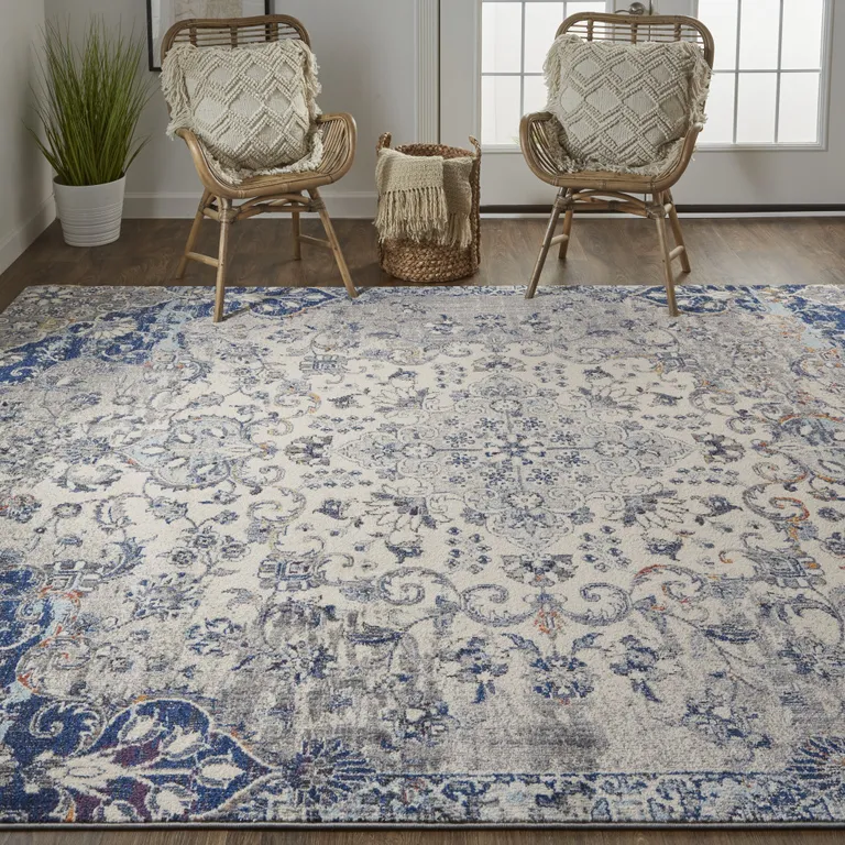 Ivory Gray And Blue Floral Power Loom Distressed Stain Resistant Area Rug Photo 2