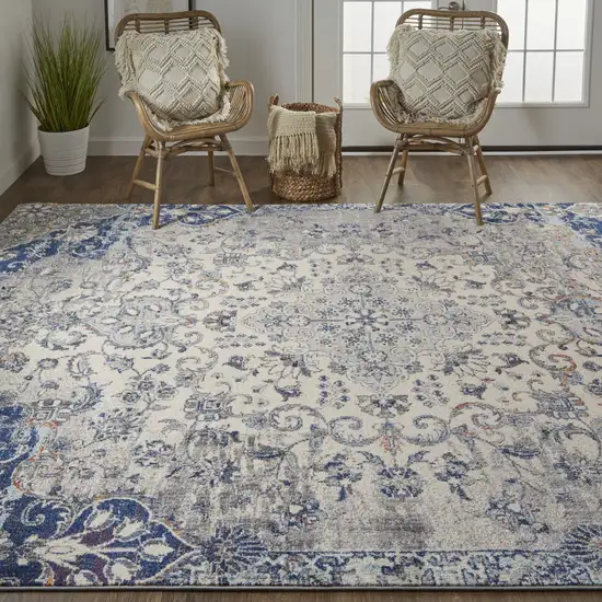 Ivory Gray And Blue Floral Power Loom Distressed Stain Resistant Area Rug Photo 6