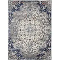 Photo of Ivory Gray And Blue Floral Power Loom Distressed Stain Resistant Area Rug