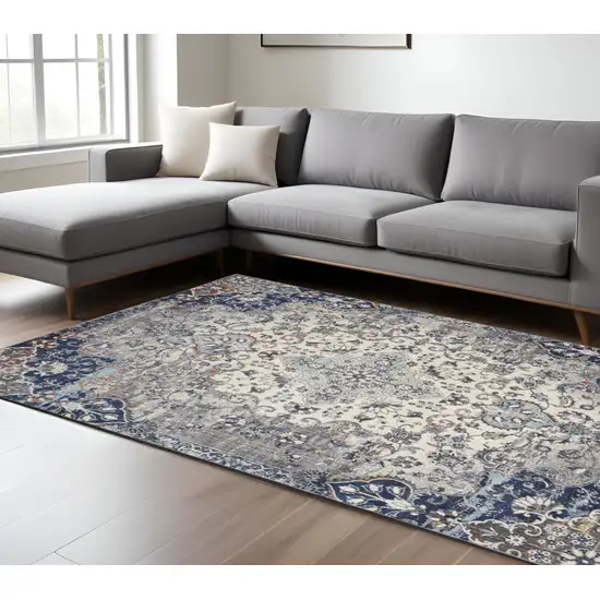 Gray and Ivory Floral Power Loom Distressed Non Skid Area Rug Photo 1