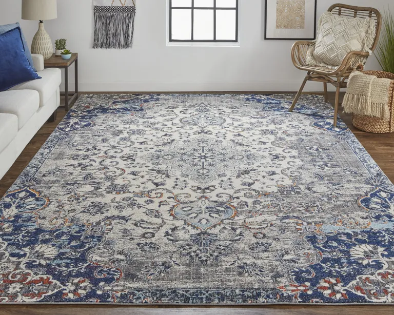 Ivory Gray And Blue Floral Power Loom Distressed Stain Resistant Area Rug Photo 4