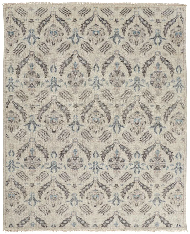 Ivory Gray And Blue Wool Floral Hand Knotted Stain Resistant Area Rug Photo 2