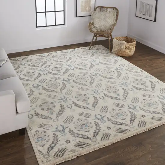 Ivory Gray And Blue Wool Floral Hand Knotted Stain Resistant Area Rug Photo 6