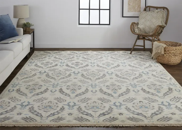 Ivory Gray And Blue Wool Floral Hand Knotted Stain Resistant Area Rug Photo 5