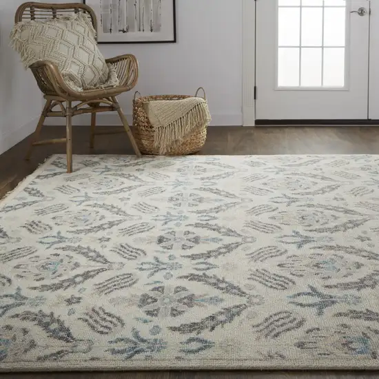 Ivory Gray And Blue Wool Floral Hand Knotted Stain Resistant Area Rug Photo 7