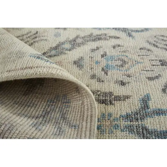 Ivory Gray And Blue Wool Floral Hand Knotted Stain Resistant Area Rug Photo 9