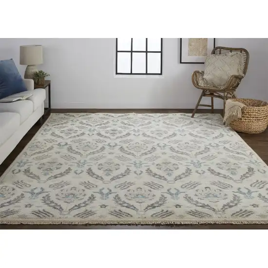 Ivory Gray And Blue Wool Floral Hand Knotted Stain Resistant Area Rug Photo 5