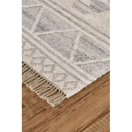 Ivory Gray And Blue Wool Geometric Dhurrie Flatweave Handmade Area Rug With Fringe Photo 4