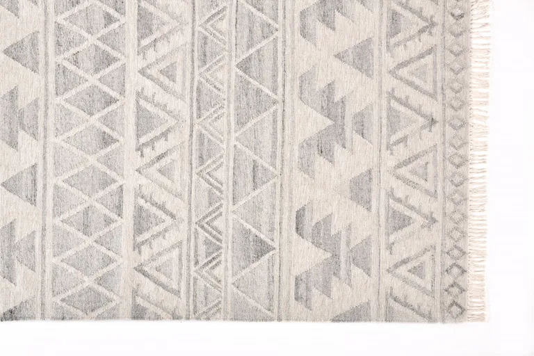 Ivory Gray And Blue Wool Geometric Dhurrie Flatweave Handmade Area Rug With Fringe Photo 2