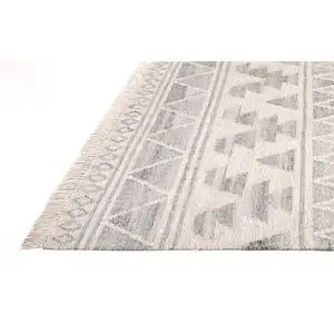 Photo of Ivory Gray And Blue Wool Geometric Dhurrie Flatweave Handmade Area Rug With Fringe