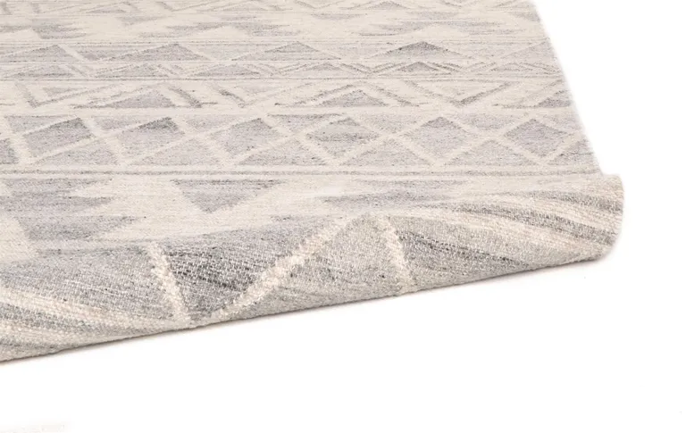 Ivory Gray And Blue Wool Geometric Dhurrie Flatweave Handmade Area Rug With Fringe Photo 4