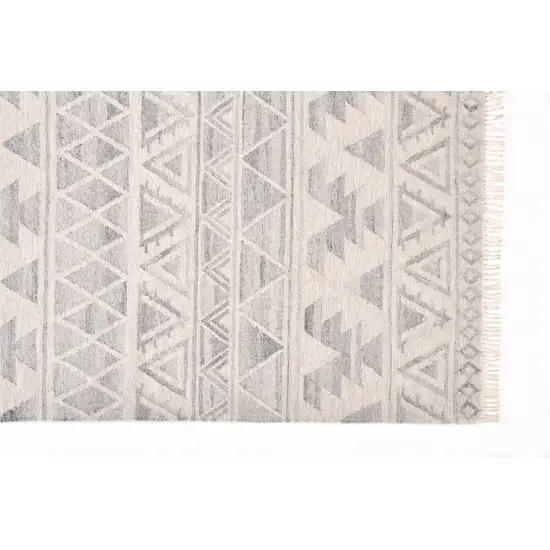 Ivory Gray And Blue Wool Geometric Dhurrie Flatweave Handmade Area Rug With Fringe Photo 1