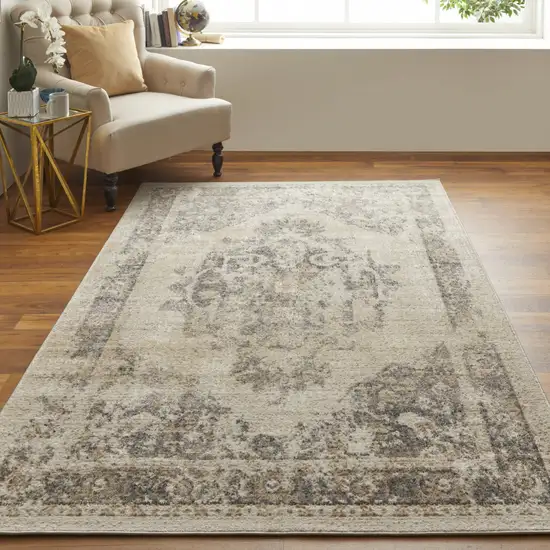 Ivory Gray And Brown Floral Power Loom Distressed Area Rug Photo 6