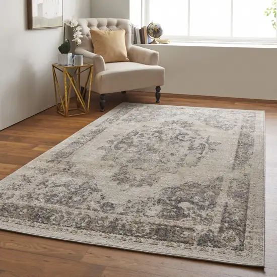 Ivory Gray And Brown Floral Power Loom Distressed Area Rug Photo 7