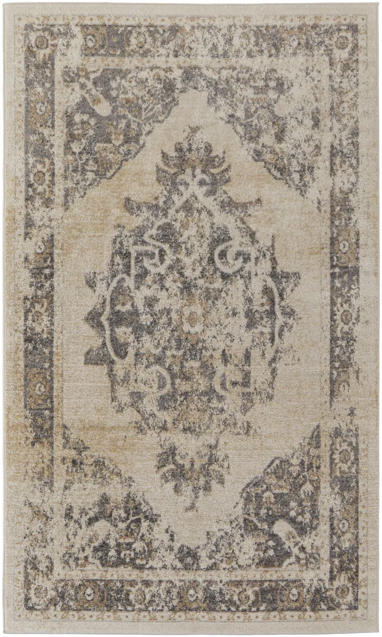 Ivory Gray And Brown Floral Power Loom Distressed Area Rug Photo 1