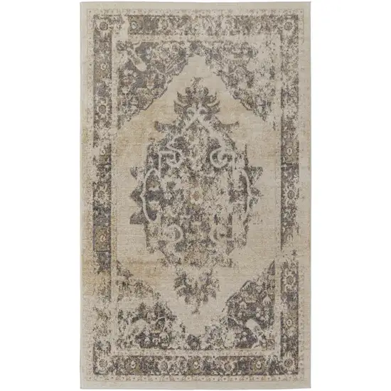 Ivory Gray And Brown Floral Power Loom Distressed Area Rug Photo 1