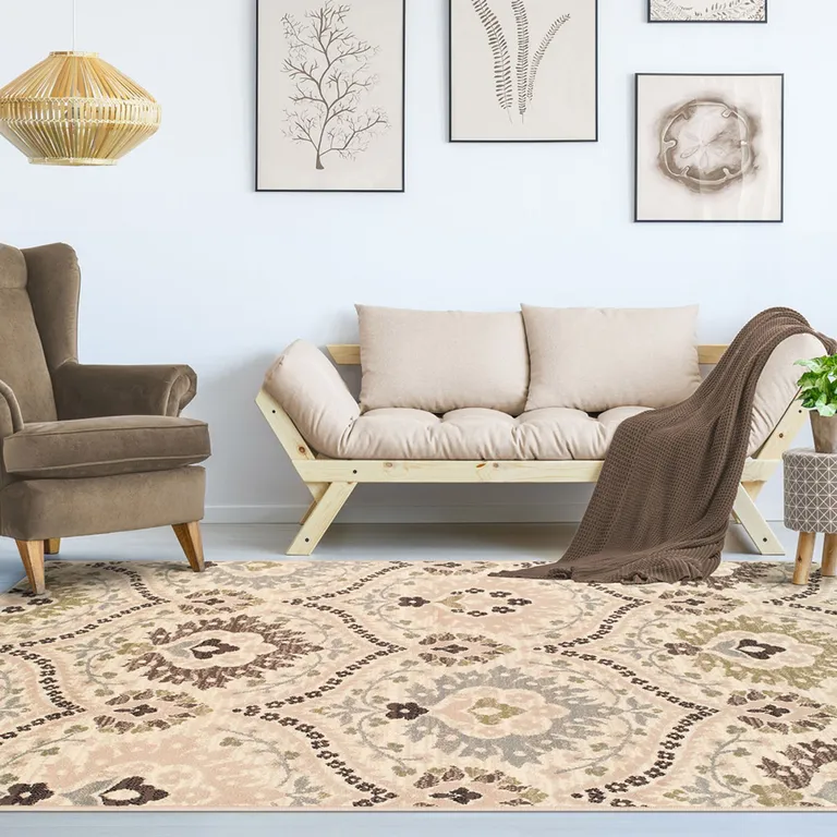 Ivory Gray And Olive Floral Stain Resistant Area Rug Photo 2