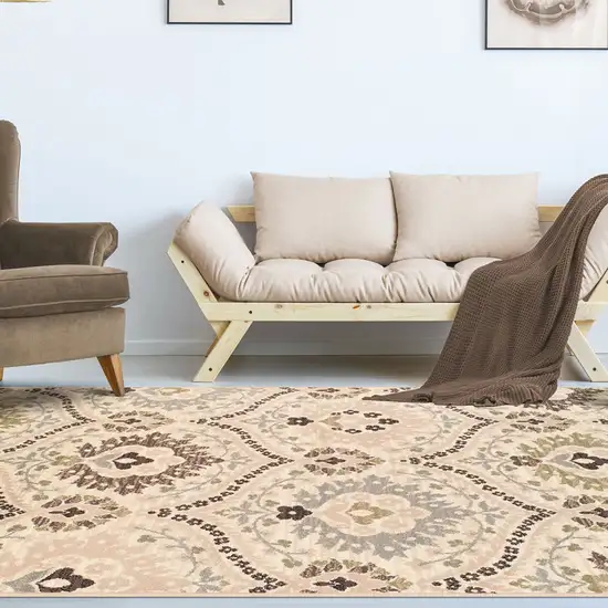 Ivory Gray And Olive Floral Stain Resistant Area Rug Photo 5