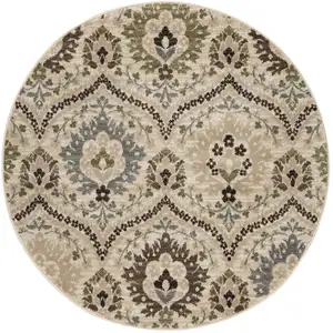 Photo of Ivory Gray And Olive Round Floral Stain Resistant Area Rug