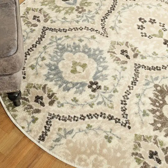 Ivory Gray And Olive Round Floral Stain Resistant Area Rug Photo 6