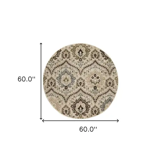 Ivory Gray And Olive Round Floral Stain Resistant Area Rug Photo 8