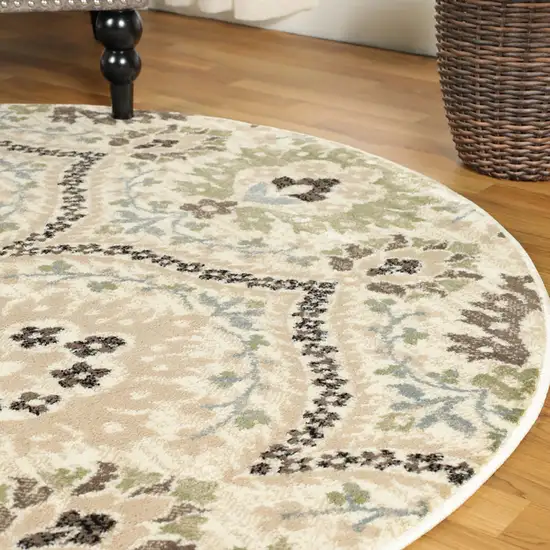 Ivory Gray And Olive Round Floral Stain Resistant Area Rug Photo 7