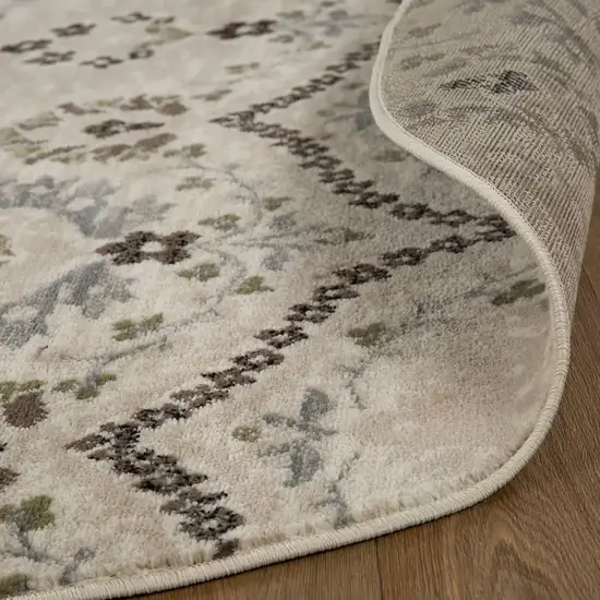 Ivory Gray And Olive Round Floral Stain Resistant Area Rug Photo 4