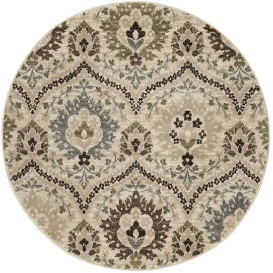 Ivory Gray And Olive Round Floral Stain Resistant Area Rug Photo 1