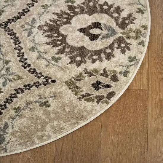 Ivory Gray And Olive Round Floral Stain Resistant Area Rug Photo 3