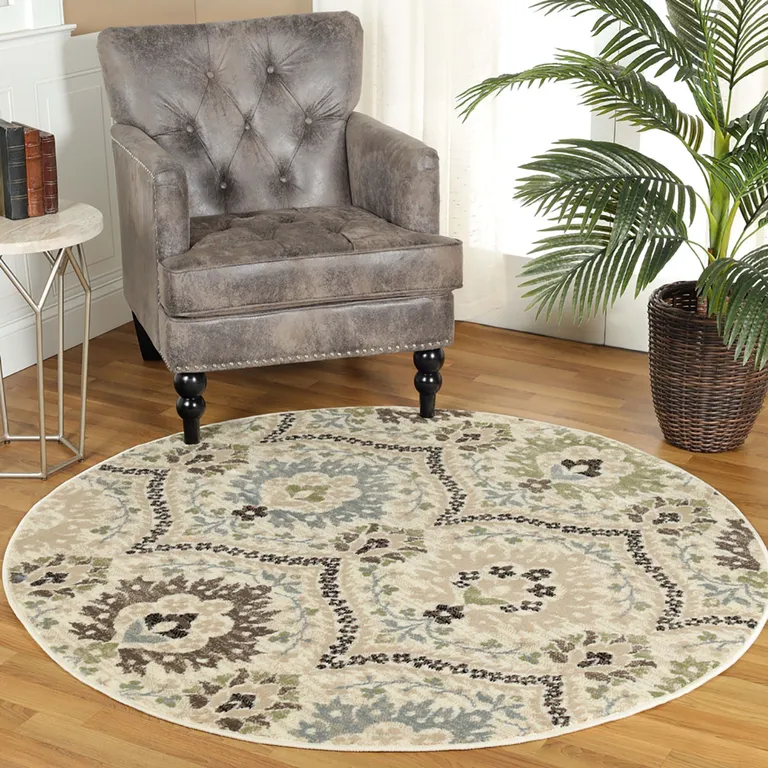 Ivory Gray And Olive Round Floral Stain Resistant Area Rug Photo 2