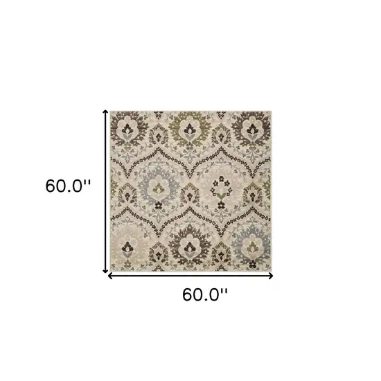 Ivory Gray And Olive Square Floral Stain Resistant Area Rug Photo 8