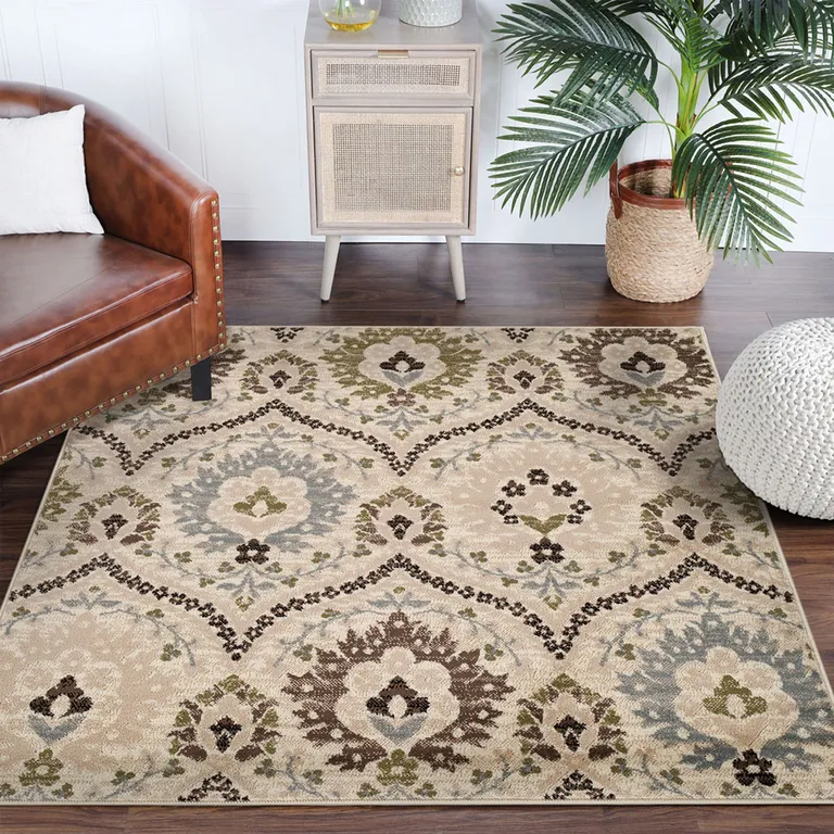 Ivory Gray And Olive Square Floral Stain Resistant Area Rug Photo 2