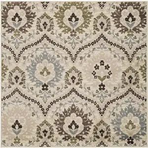 Photo of Ivory Gray And Olive Square Floral Stain Resistant Area Rug