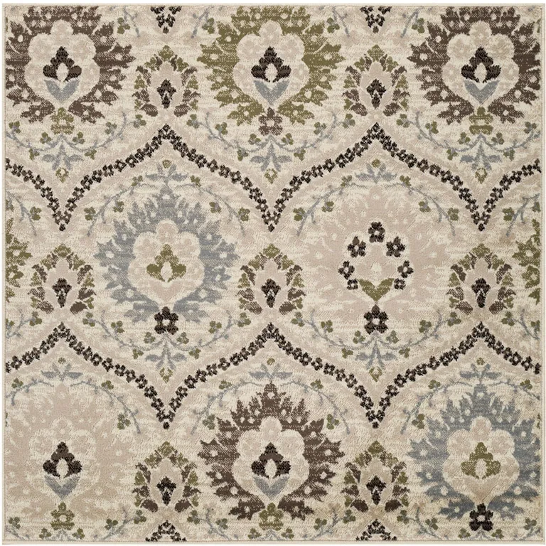 Ivory Gray And Olive Square Floral Stain Resistant Area Rug Photo 1