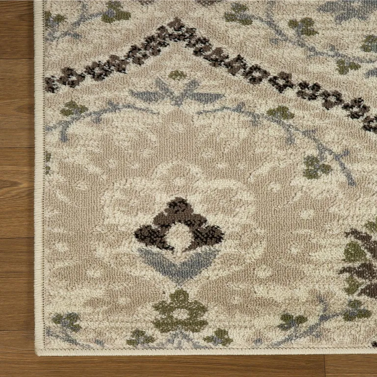 Ivory Gray And Olive Square Floral Stain Resistant Area Rug Photo 4