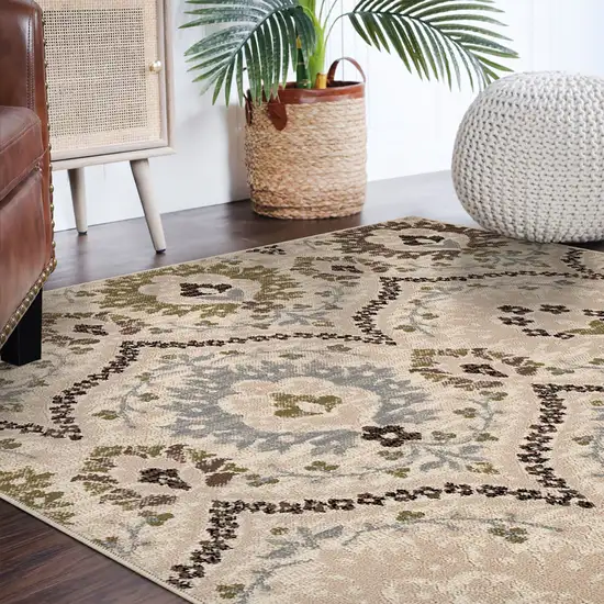 Ivory Gray And Olive Square Floral Stain Resistant Area Rug Photo 6