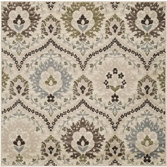 Ivory Gray And Olive Square Floral Stain Resistant Area Rug Photo 1