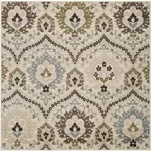 Photo of Ivory Gray And Olive Square Floral Stain Resistant Area Rug