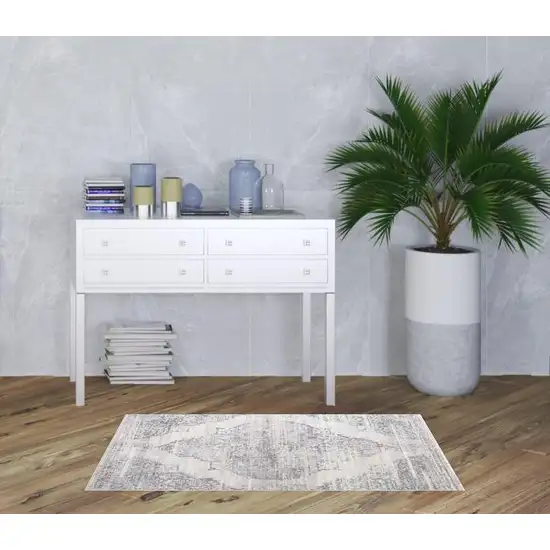 Ivory Gray And Pink Abstract Distressed Area Rug With Fringe Photo 2