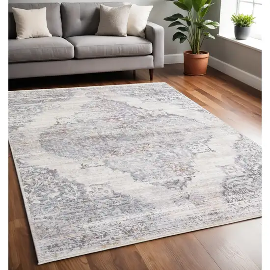 Gray and Ivory Abstract Distressed Area Rug With Fringe Photo 2