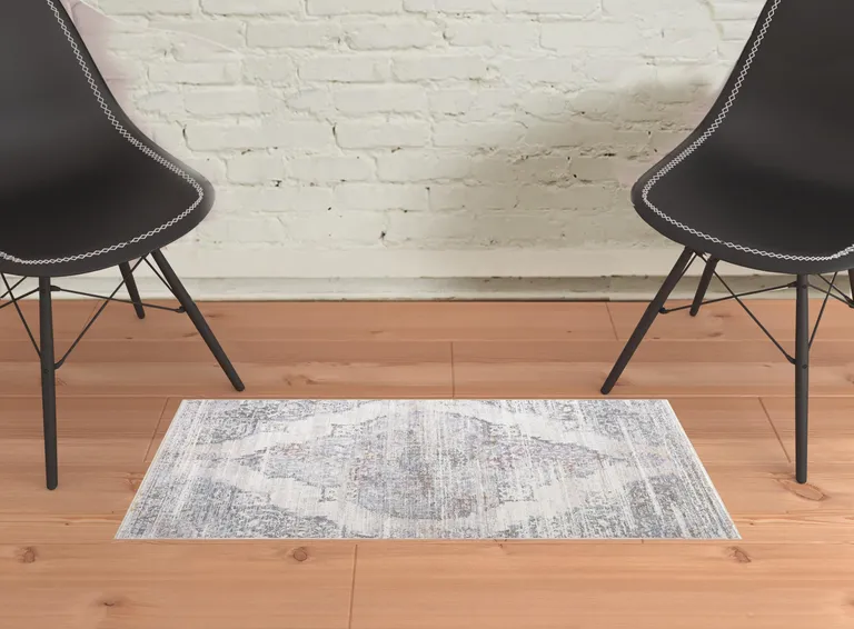 Ivory Gray And Pink Abstract Distressed Area Rug With Fringe Photo 2